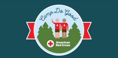 badge of trees and two people embracing with red cross shirts